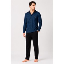 Gd Goldoremi Premium Erkek Pamuklu Rahat Kalıp Desenli Boydan Düğmeli Uzun Kollu Pijama Takım
