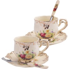 Asitan 2'li Çay Fincanı ve Tabağı Seti, 226 ml Çiçekli Çalılar Fildişi Seramik Kahve Fincanı Süs