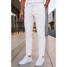 Ser Joven Erkek Beyaz Slim Fit Likralı Beli Lastikli Bağcıklı Yan Cep Jogger Kumaş Pantolon
