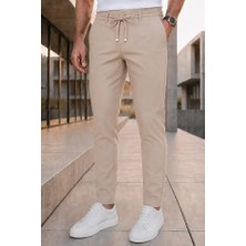 Ser Joven Erkek Bej Slim Fit Likralı Beli Lastikli Bağcıklı Yan Cep Jogger Kumaş Pantolon