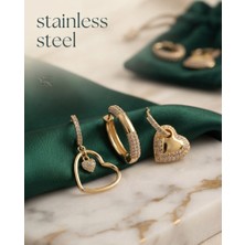 Stainless Steel Pirinç Zirkon Taşlı Kalp Model Gold Renk 3'lü Küpe Set