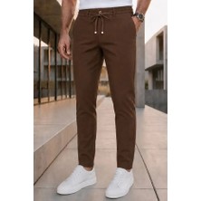 Ser Joven Erkek Kahverengi Slim Fit Likralı Beli Lastikli Bağcıklı Yan Cep Jogger Kumaş Pantolon