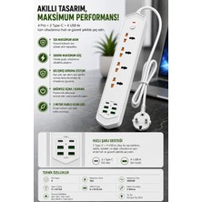 Smayling 4’lü Akım Korumalı Evrensel Priz 3000W 10A, 2 Type-C + 4 Usb-A, 2 Metre Kablolu Çoklu Priz