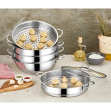 Moontime Alaçatı 6090-C - 6 Parça Paslanmaz Çelik, Cam Kapaklı 32X10 cm - 7 Litre Buharlı Pişirici, Mantı Tenceresi