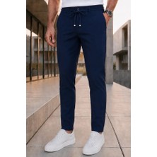 Ser Joven Erkek Lacivert Slim Fit Likralı Beli Lastikli Bağcıklı Yan Cep Jogger Kumaş Pantolon