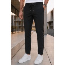 Ser Joven Erkek Siyah Slim Fit Likralı Beli Lastikli Bağcıklı Yan Cep Jogger Kumaş Pantolon