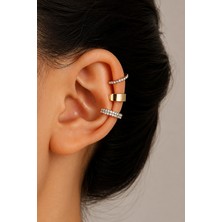 Trend Collection Kadın 3'lü Ear Cuff Küpe Seti Gold ve Taşlı Kıkırdak Küpe (Sıkıştırmalı)