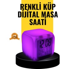 7 Renk LED Işıklı Alarmlı Dijital Küp Masa Saati Termometreli - Lisinya