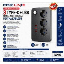 For Line Forline TAK02 3'lü 2mt 1type-C+2usb Çıkışlı Akım Korumalı Grup Priz