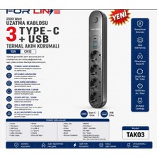 For Line Forline TAK03 4'lü 2mt 1type-C+2usb Çıkışlı Akım Korumalı Grup Priz