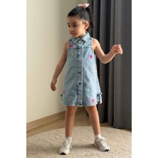 BoyBoy Kidswear Kız Çocuk Çiçek Nakışlı Denim Elbise Mavi