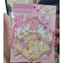 BNG STR Pembe Tavşan Butik Tasarım Oda Sticker Seti Dıy Giysi Mağazası Sahneli