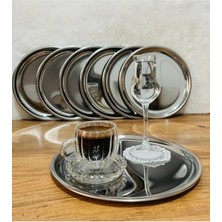 Moontime Alaçatı Yuvarlak Paslanmaz Çelik 6’lı Kahve, Çay, Pasta  Dekoratif Sunum Servis Tepsisi