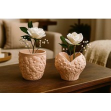 Moontime Alaçatı 2'li El Yapımı Saksı - Handmade Taş Tozu Kalpli Çiçek Tasarımlı Mumluk Kalemlik Sukulent Obje Bej