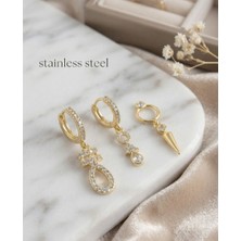 Stainless Steel Pirinç Zirkon Taşlı Sallantılı Model Gold Renk 3'lü Küpe Set