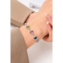 Trend Collection Renkli Taşlı Kalp Figürlü Gümüş Ayarlanabilir Bileklik