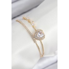 Pirinç Zirkon Taşlı Kalp Model Gold Renk Kadın Bileklik 5886