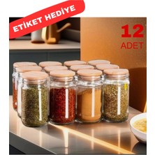 Moontime Alaçatı 12'li Lüx Bambu Kapaklı Cam Baharatlık Takımı / Seti 320 ml Etiket Hediyeli