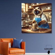 Kare Kanvas Kahve Köşesi Cafe Tablosu Barista Siyam Kedisi, 70 x 70