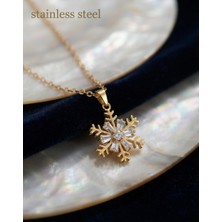 Stainless Steel 316L Çelik Zincir Gold Renk Kar Tanesi Model Zirkon Taşlı Kolye