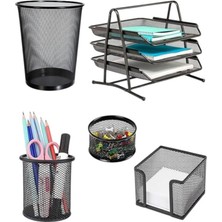 Artlantis Masa Üstü Siyah Fileli Kalemlik Çöp Kovası ve 3 Katlı Evrak Rafı 5 Parça 1 Paket 5