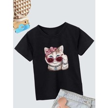 Tarz Yeri Kız Çocuk Bisiklet Yaka Baskılı T-Shirt - Siyah