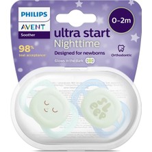 Asitan Philips Avent Ultra Start Nighttime Emzik, 0-2 Ay, Ortodontik, 2'li Set, Fosforlu, Bej-Lila
