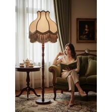 dekovien Vizon Kadife Başlık Koyu Vizon Süsleme Ahşap Ayaklı Lambader Vintage Prime Model 170X45CM
