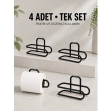 Duvara Yapışkanlı Wc Kağıtlık Siyah Metal 4 Adet Tuvalet Kağıdı Rulo Askısı