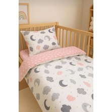Asitan Pamuklu Bebek/çocuk 70X110 Park Beşik Için Yastık Çarşaf Yorgan Uyku Seti Pembe Gri Ay Bulut