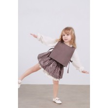 Le Petit Sole Kız Çocuk Bağlama Detaylı Yelek, Bluz ve Etek 3'lü Takım