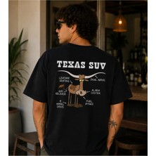 Qmen Style Unisex Siyah Oversize Baskılı T-Shirt Texas Suv %100 Pamuk