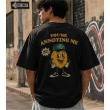 Qmen Style Unisex Siyah Oversize Baskılı T-Shirt Limon %100 Pamuk