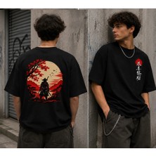 Qmen Style Unisex Siyah Oversize Baskılı T-Shirt Japon %100 Pamuk