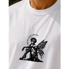Qmen Style Unisex Beyaz Oversize Baskılı T-Shirt Espirili Şans Melağim Baskılı %100 Pamuk