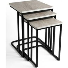 Kalafika 3'lü C Tipi Tekerlekli Metal Zigon Sehpa Traverten Renk - Siyah Ayak | Koltuk Altına Giren Sehpa