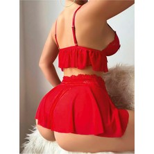Doğu Collection Ateşli Kırmızı Fırfırlı ve Dantelli 3 Parça Şortlu Babydoll Gecelik Takımı (Tangalı)