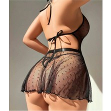 Doğu Collection Tanga Hediyeli! Romantik Puantiye Tül ve Dantel Detaylı Siyah Halter Yaka Babydoll Takım