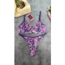 Doğu Collection Çiçek Desenli Dantel & Tül Sütyen Külot Takımı Bralet Külot Takımı