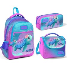 Coral High Kaplumbağa Desenli Üç Bölmeli Okul Çantası Beslenme Kalemlik 3 Lü Set 23497