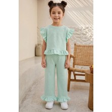 Minipodyum Kız Çocuk Fırfırlı Waffle Bluz ve Pantolon Takım Mint Yeşili