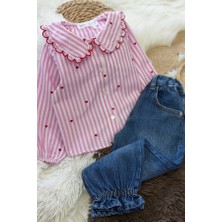 Noble Kids Kız Çocuk Kalp Nakışlı Bebe Yaka Gömlek ve Denim Pantolon Takım