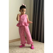 BoyBoy Kidswear Kız Çocuk Çiçek Nakışlı Denim Bluz ve Pantolon Takım Pembe