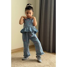BoyBoy Kidswear Kız Çocuk Çiçek Nakışlı Denim Bluz ve Pantolon Takım Mavi