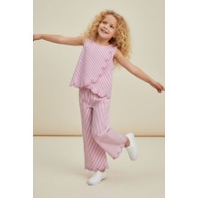 Kidsroom Kız Çocuk Çizgili Nakış Detaylı Bluz ve Pantolon Takım Pembe