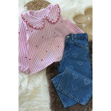 Kız Çocuk Kalp Nakışlı Gömlek ve Jean Pantolon Takım