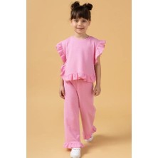 Minipodyum Kız Çocuk Fırfırlı Waffle Bluz ve Pantolon Takım Pembe