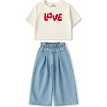 BoyBoy Kidswear Kız Çocuk Gofre Tişört ve Denim Pantolon Takım Mavi
