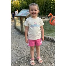 Noble Kids Kız Çocuk Yazlık Logo Baskılı Tişört ve Şort Takım Ekru