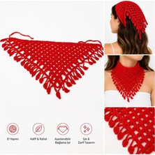 Tuel Kadın Kırmızı Örgü Bandana Bağcıklı El Yapımı Saç ve Boyun Bandanası Şık Aksesuar